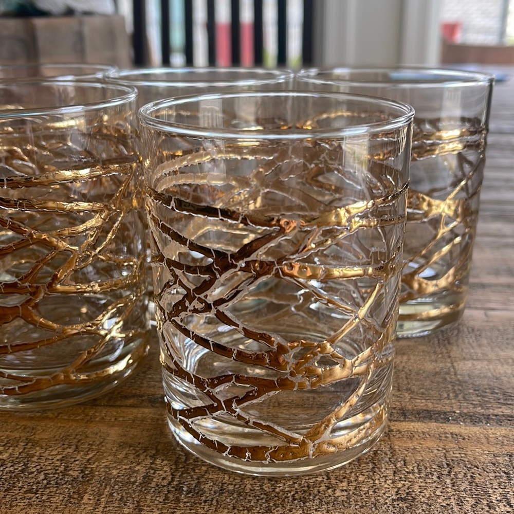 Vintage Culver Golden Ropes Textured 22K Gold Old Fashion Glass-set of 8